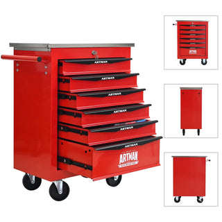 6 Drawers Multifunctional Tool Cart with Wheels,Metal Rolling Tool Cart Storage for Garage Workshop Warehouse Repair Shop--With Stainless Steel Roof- Red&Black Dweva