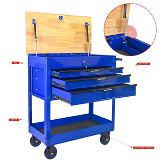 3 DRAWERS MULTIFUNCTIONAL TOOL CART WITH WHEELS AND WOODEN TOP-Blue Dweva