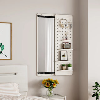 Wall Mounted Full Length Mirror, Full Body Mirror with Shelf, Full Body Mirror with Hook Wall Mounted Mirror with Multifunctional Design Panel, Bedroom/Living Room/Entrance White(47.6*15.7in) Dweva