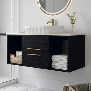 Modern 40-In Wall-Mounted Bathroom Vanity with Oval Ceramic Sink Floating Vanity Multi-Layer Solid Wood Cabinet Soft-Close Drawers Open Shelf Storage Dweva