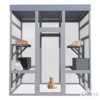62.6" Wooden Outdoor Catio for Cats, Large Cat Enclosure with Waterproof Roof, 2 Napping House, Platforms & Rust-Proof Wire – Secure Pet Cage for Backyard or Patio Dweva