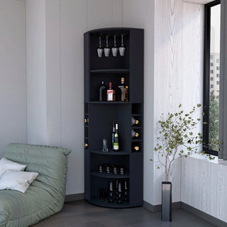 FM FURNITURE Clifton Corner Bar Cabinet, with 5 shelves,Cup Hanger and Eight Built-in Wine Rack, Black Dweva