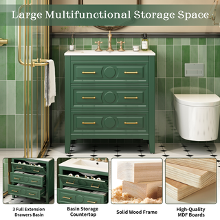 30'' Bathroom Vanity with Ceramic Sink Combo, Free Standing Single Vanity Set with 3 Drawers, Solid Wood Frame Bathroom Storage Cabinet, Green Dweva