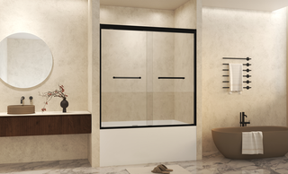 56-60" W × 60" H Tempered Glass with Explosion Proof Film, Aluminum Frame Double Sliding Shower Door, "1/4 (6 mm), Stainless Steel handle, Matte Black Dweva