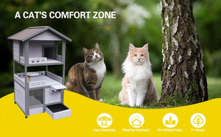 Three Story Outdoor Cat House with Balcony, Large Feral Villa Cat Shelter Weatherproof, 3 Story Outside Cat House for Multiple Cats Dweva