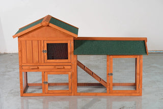 Large Wooden Rabbit Hutch, 2-Story Outdoor Bunny Cage with Waterproof Asphalt Roof, Pull-Out Tray & Ramp, Fir Wood Pet House for Rabbits, Chickens, Guinea Pigs (Brown & Green) Dweva