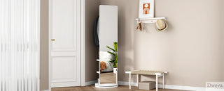 360° Rotating 66"x14" Multifunctional Full Length Mirror with Hook Storage Rack Coat Rack with Mirror Solid Wood Floor Mirror Bedroom Living Room Cloakroom Space Saving (wh Dweva
