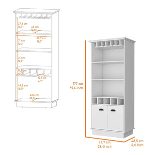 FM FURNITURE Sophia Bar Cabinet with Glassware Rack and Five Bottle Racks, White Dweva