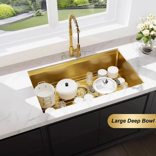 32 Gold Undermount Workstation Kitchen Sink-32 x 19 Inch 16 Gauge Stainless Steel Undermount Kitchen Sink Handmade R10 Radius 10 Inch Deep Undermount Single Bowl Sink with Custom Accessories Dweva