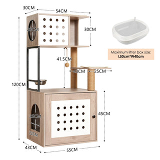 Cat Tree with Litter Box Enclosure, All-in-one Cat Tower for Indoor Cats with Large Hammock, Bed, Food Station, Scratching Posts, Modern Style Pet Furniture, Gray+white Dweva