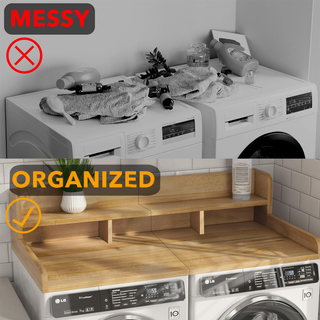 Washer Dryer Countertop with Non-slip Pads, Laundry Wood Shelf Topper with Edge, 54" Width x 27.5" Depth Double Layer Organizer for Washer and Dryer Laundry Hamper Counter Storage (NATURAL WOOD) Dweva