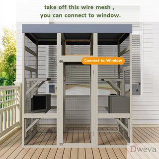62.6" Outdoor Wooden Catio for Cats, Large Cat Enclosure with Waterproof Roof, 2 Cat Houses & Platforms, Secure Rust-Proof Wire Pet Cage for Patio or Backyard Dweva