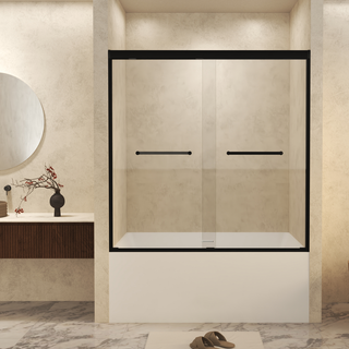 56-60" W × 60" H Tempered Glass with Explosion Proof Film, Aluminum Frame Double Sliding Shower Door, "1/4 (6 mm), Stainless Steel handle, Matte Black Dweva