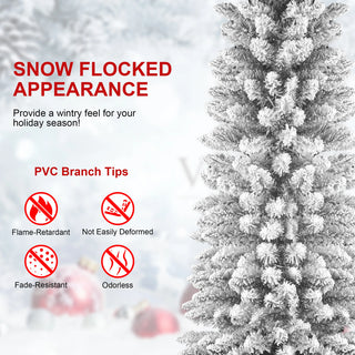 6FT Flocked Pencil Christmas Tree – Slim PVC Tree with 358 Snowy Tips, Space-Saving Design, Realistic Snow Effect, Sturdy Metal Stand, Easy Setup Dweva