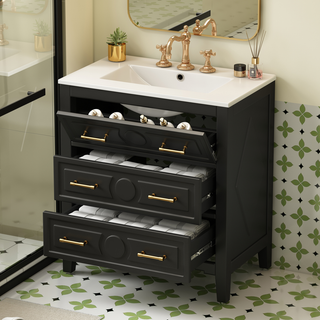 30'' Bathroom Vanity with Ceramic Sink Combo, Free Standing Single Vanity Set with 3 Drawers, Solid Wood Frame Bathroom Storage Cabinet, Black Dweva
