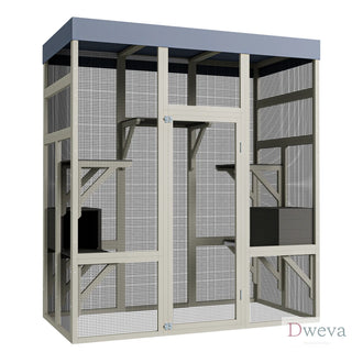 62.6" Outdoor Wooden Catio for Cats, Large Cat Enclosure with Waterproof Roof, 2 Cat Houses & Platforms, Secure Rust-Proof Wire Pet Cage for Patio or Backyard Dweva