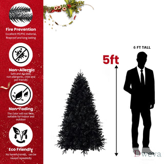 6ft Black Christmas Tree with 350 White LED Lights, 1460 Tips PE+PVC Artificial Tree for Halloween & Holiday Decor, Hinged Structure with Stable Metal Stand Dweva
