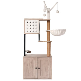 Cat Tree with Litter Box Enclosure - Modern Cat Condo with Scratching Posts, Feeding Bowl & Removable Pompom Sticks, Gray Dweva