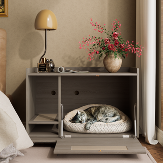 Gray Cat Litter Box Enclosure,Hidden Litter Box Furniture with top side fence,Wooden Pet House Side End Table, Storage Cabinet Bench for Living Room,,Bedroom, Fit Most of Litter Box Dweva