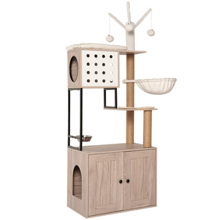 Cat Tree with Litter Box Enclosure - Modern Cat Condo with Scratching Posts, Feeding Bowl & Removable Pompom Sticks, Gray Dweva