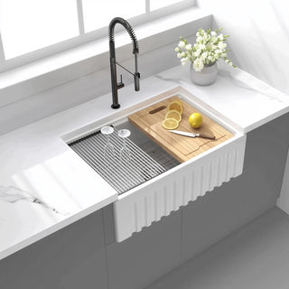 30 Inch Fireclay Farmhouse Sink-30"x 20"White Workstation Reversible Ceramic Farm Apron Front Kitchen Sink, 10 Inch Deep Single Bowl Porcelain Sink with Ledge and Accessories Dweva