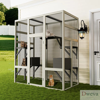 Large Outdoor Gray Wooden Catio – Solid Wood Cat Enclosure with 5 Platforms & 2 Resting Boxes, UV-Resistant & Waterproof Outdoor Cat House Shelter Playpen Dweva