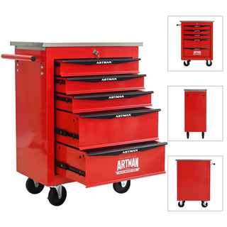 5 Drawers Multifunctional Tool Cart with Wheels,Metal Rolling Tool Cart Storage for Garage Workshop Warehouse Repair Shop--With Stainless Steel Roof--Red&Black Dweva