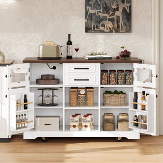K&K 54.9" Kitchen Island with Drop Leaf, Power Outlet, Kitchen Storage Cart with 4 Door Shelves, Cross Barn Doors & Visual Glass Door, Rolling Kitchen Island on 4 Wheels for Kitchen, Dining Room,White Dweva