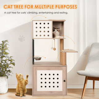 Cat Tree with Litter Box Enclosure, All-in-one Cat Tower for Indoor Cats with Large Hammock, Bed, Food Station, Scratching Posts, Modern Style Pet Furniture, Gray+white Dweva