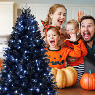 5ft Black Christmas Tree with 250 White LED Lights, 1076 Tips PE+PVC Artificial Tree for Halloween & Holiday Decor, Hinged Structure with Stable Metal Stand Dweva