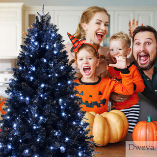 7ft Black Christmas Tree with 450 White LED Lights, 1916 Tips PE+PVC Artificial Tree for Halloween & Holiday Decor, Hinged Structure with Stable Metal Stand Dweva