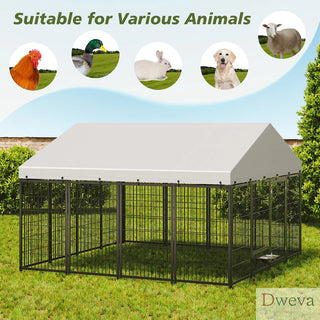 Large Dog Kennel Outdoor Pet Pens Dogs Run Enclosure Animal Hutch Metal Coop Fence with Roof Cover. 9.62'L x 9.35'W x 6.18'H. Dweva