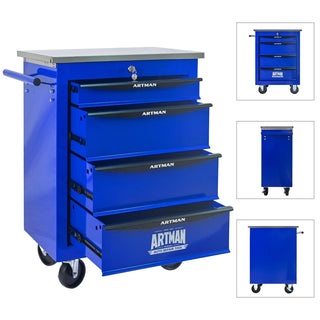 4 Drawers Multifunctional Tool Cart with Wheels,Metal Rolling Tool Cart Storage for Garage Workshop Warehouse Repair Shop--With Stainless Steel Roof- BLACK&BLUE Dweva