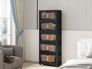 Black, 24" Side Wide Folding Storage Cabinet ,5 Tiers,23.62"×13.78"×59.84",Collapsible Storage Bins with Magnetic Door, Plastic Storage Cabinet with Wheels Dweva