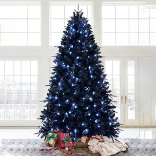 6ft Black Christmas Tree with 350 White LED Lights, 1460 Tips PE+PVC Artificial Tree for Halloween & Holiday Decor, Hinged Structure with Stable Metal Stand Dweva