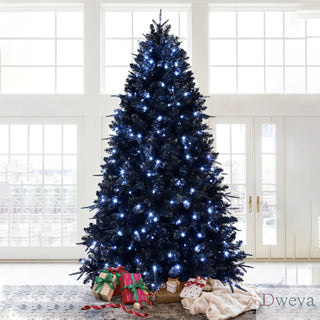 5ft Black Christmas Tree with 250 White LED Lights, 1076 Tips PE+PVC Artificial Tree for Halloween & Holiday Decor, Hinged Structure with Stable Metal Stand Dweva