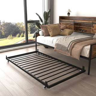Twin Daybed with Trundle, Farmhouse Daybed Frame with Sliding Barn Door Headboard and Charging Station & LED Light for Bedroom and Guest Room, Rustic Brown Dweva
