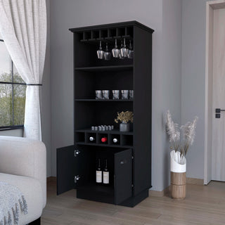 FM FURNITURE Sophia Bar Cabinet with Glassware Rack and Five Bottle Racks, Black Dweva
