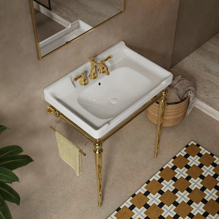 VICI 28" Bathroom Console Sink, Wall-Mounted White Ceramic Vanity Basin with 3 Pre-drilled Faucet Holes, Freestanding Stainless Steel Support Legs with Towel Bar, No Faucet, Gold Color Dweva