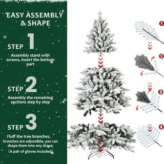 7ft Flocked Christmas Tree with 1514 Tips, Realistic PE+PVC Snowy Hinged Tree with Metal Stand, Full Artificial Xmas Tree for Holiday Decoration Dweva