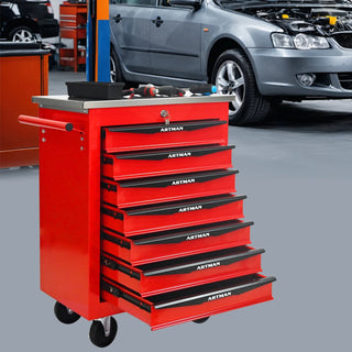7 Drawers Multifunctional Tool Cart with Wheels,Metal Rolling Tool Cart Storage for Garage Workshop Warehouse Repair Shop--With Stainless Steel Roof- Red&Black Dweva