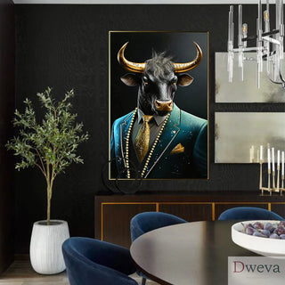 Executive Blue Buffalo Canvas Wall Art - Dapper Animal Portrait in Tailored Suit Modern British Humour Home Decor Premium Gallery Wrapped Artwork for Office Lounge Study Room decorative picture Dweva