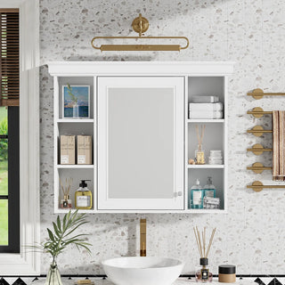 35'' x 28'' White Wall Mounted Bathroom Storage Cabinet with Mirror Door, Modern Bathroom Wall Cabinet with Mirror, Medicine Cabinet with 6 Open Shelves Dweva