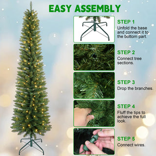 7FT Green Pencil Christmas Tree with 200 Warm White LED Lights – Slim PVC Tree with 469 Tips, Compact Design, Stable Metal Stand, Easy to Assemble Dweva