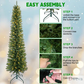 6FT Green Pencil Christmas Tree with 150 Warm White LED Lights – Slim PVC Tree with 358 Tips, Compact Design, Stable Metal Stand, Easy to Assemble Dweva
