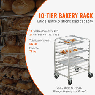 Bun Pan Rack, 10-Tier Commercial Bakery Racks with Brake Wheels, Aluminum Racking Trolley Storage for Half & Full Sheet, Speed Rack For Kitchen Home, Bread Baking Equipment, 26"L x 20.3"W x 39"H Dweva