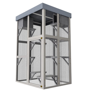 70.5＂ Tall Wooden Catio Outdoor Cat Enclosure, Gray Cat House Large Solid Wood Cage Playpen with 6 Jumping Platforms & 2 Napping Houses, Movable tarp cover Dweva