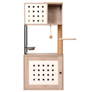 Cat Tree with Litter Box Enclosure, All-in-one Cat Tower for Indoor Cats with Large Hammock, Bed, Food Station, Scratching Posts, Modern Style Pet Furniture, Gray+white Dweva