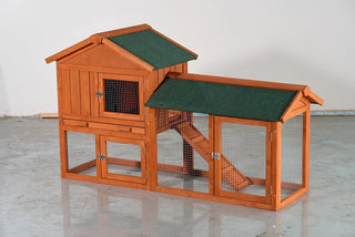 Large Wooden Rabbit Hutch, 2-Story Outdoor Bunny Cage with Waterproof Asphalt Roof, Pull-Out Tray & Ramp, Fir Wood Pet House for Rabbits, Chickens, Guinea Pigs (Brown & Green) Dweva
