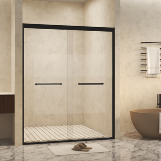 44-48" W × 72" H Tempered Glass with Explosion Proof Film, Aluminum Frame Double Sliding Shower Door, "1/4 (6 mm), Stainless Steel handle, Matte Black Dweva